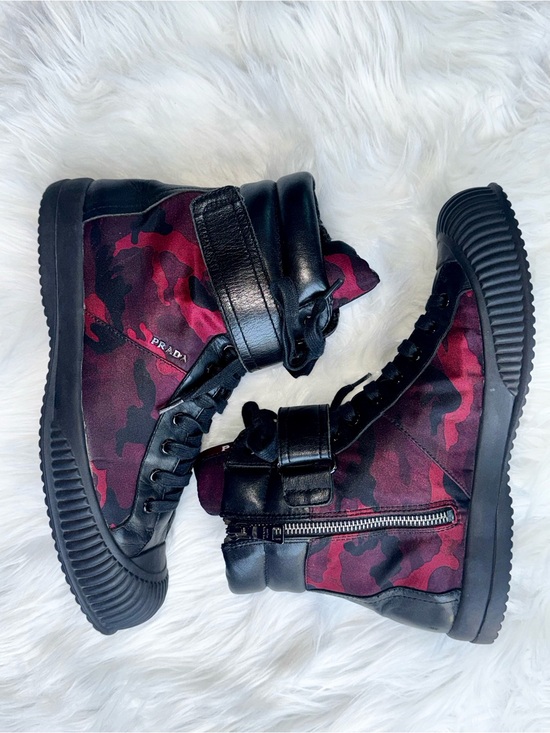 Prada Shoes - PRADA Women Black Leather Red Camo Textile Padded Collar Ankle Boots Sz 7.5 38